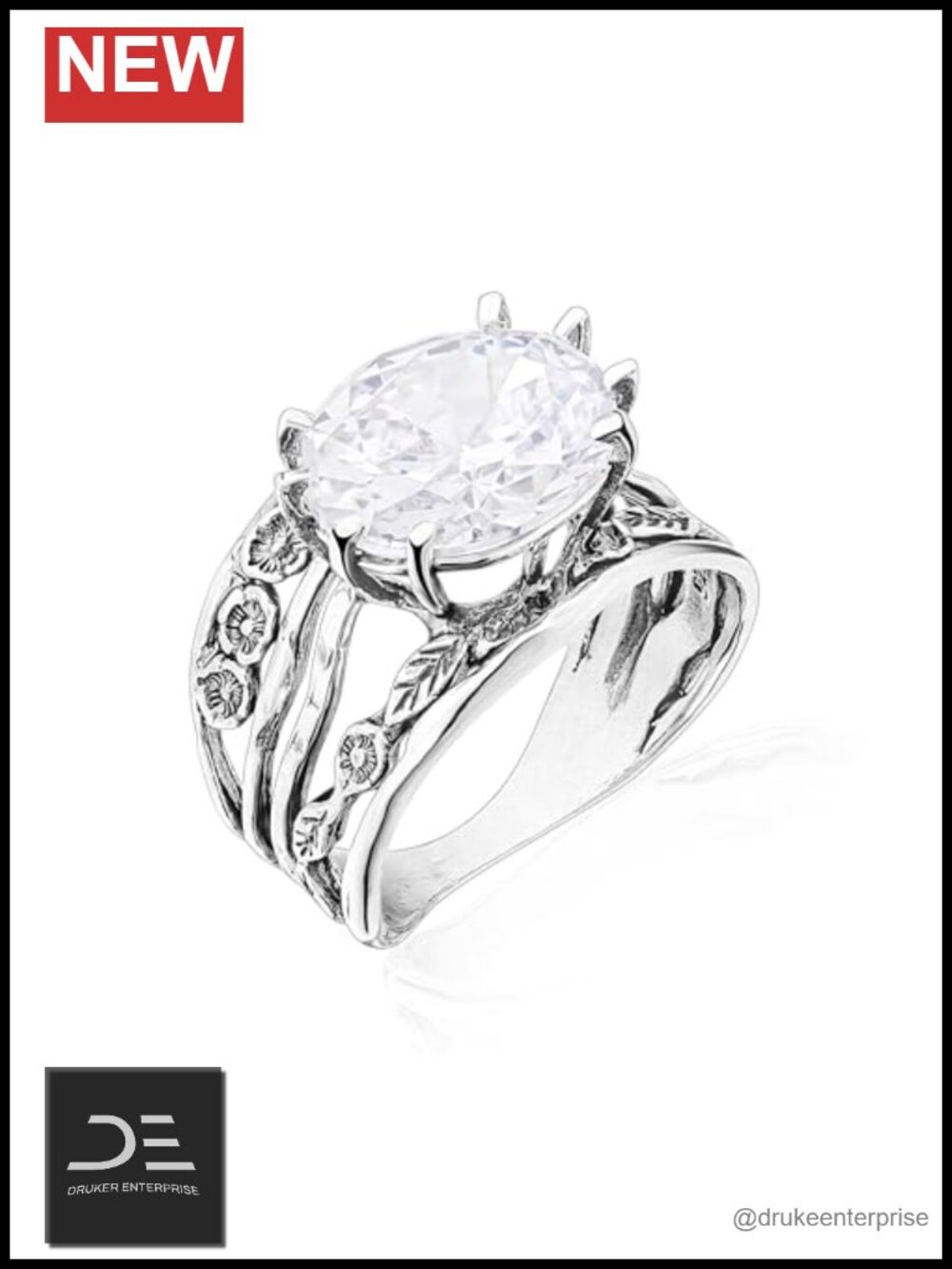 JEAN RACHEL 925 Sterling Silver Oval CZ Floral Ring - Statement